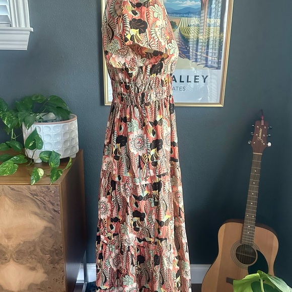 Maeve Anthropologie Coral Green Floral Puff Sleeve Ruffled Skirt Maxi Dress XS - Picture 5 of 11